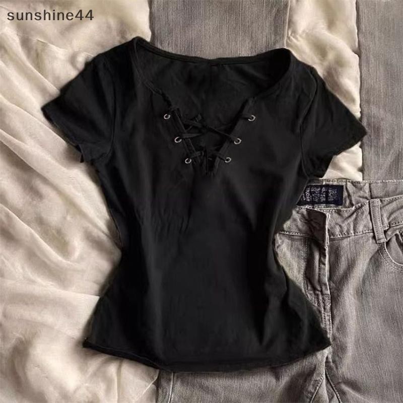 Y2K Fashion Lace-Up V-neck Slim T-Shirt for Women