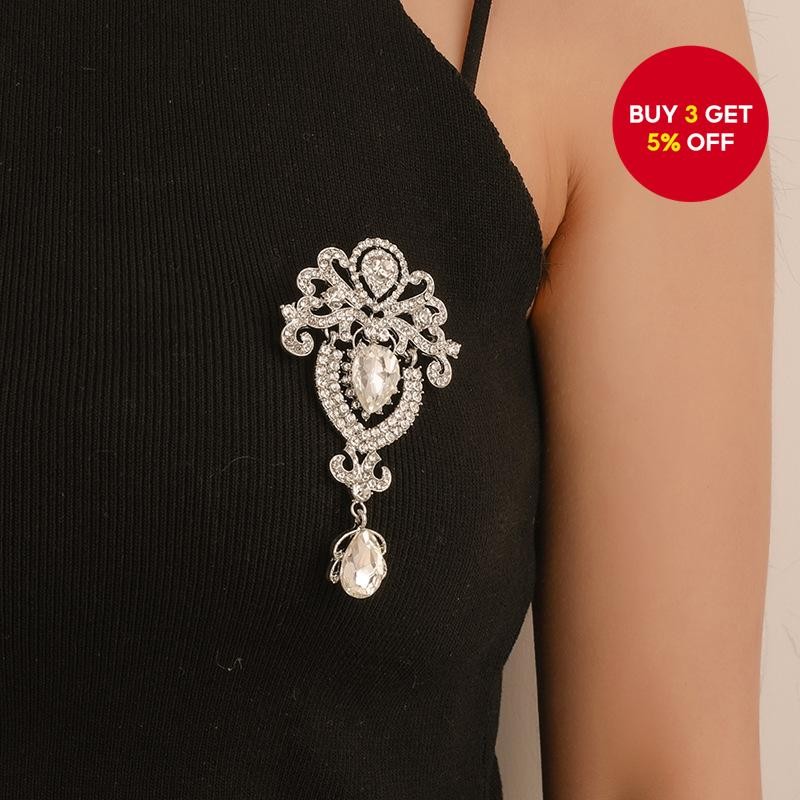 Silver Crystal Flower Brooch, Floral Pin for Wedding Dress Rhinestone Diamond Jewelry Accessory