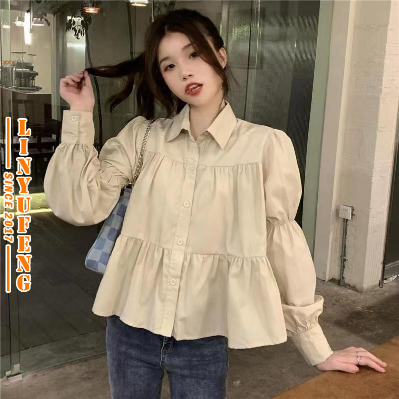 ?Linyufeng? Ruffle Babydoll Blouse Women Korean Style Puff Long Sleeve Loose Classy Elegant Ironless Fitted Casual Ladies Shirt Peplum Top Baju ootd Kemeja Lengan Pendek Perempuan Wanita Terkini Murah