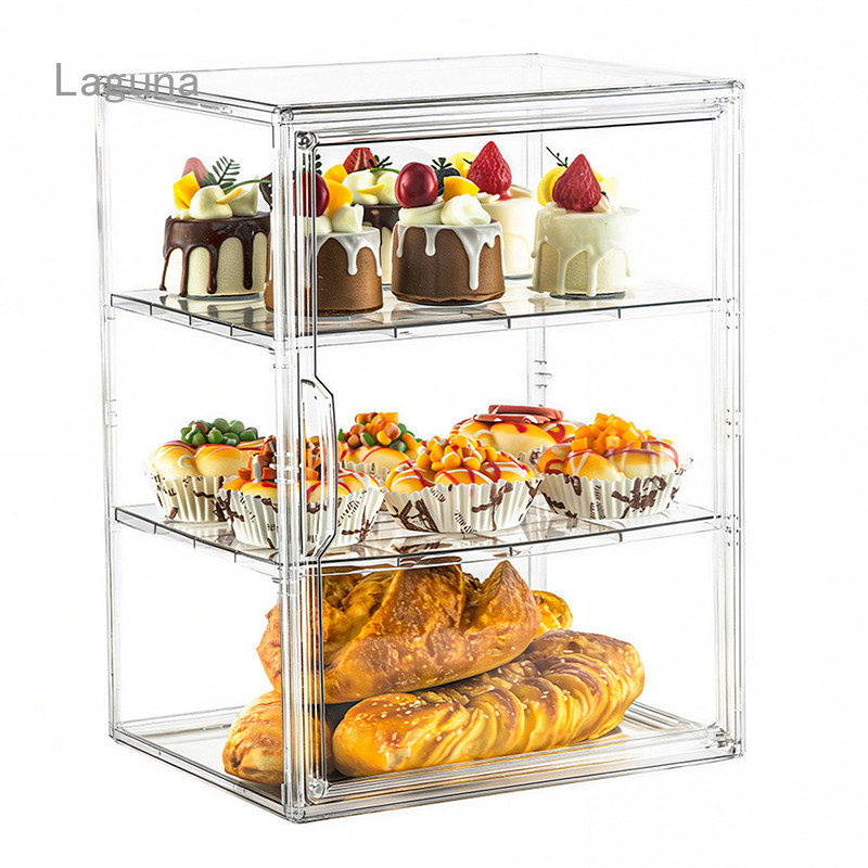 【Laguna】 Acrylic Display Cabinet Stackable Storage Organizer DIY Bekas Kuih Donuts Burgers Cupcake Pastries Breads/Kotak Paparan Akrilik Jelas, 3 Tingkat, untuk Roti, Kedap Udara, Penyusun Penyimpanan Makanan 亚克力展示盒