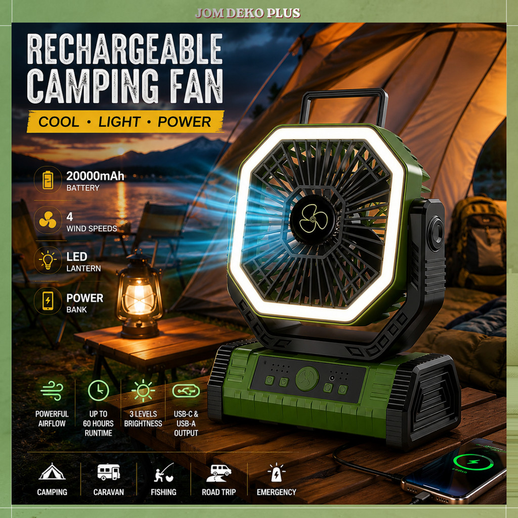 20000mAh Camping Fan Rechargeable USB Portable Fan LED Light Strong Wind Table Fan Outdoor Travel Fan Malaysia