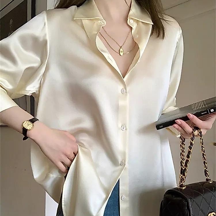 mimi&didi Women's Blouse Korean Style Satin Coat Long Sleeves Collar Ready Stock W443