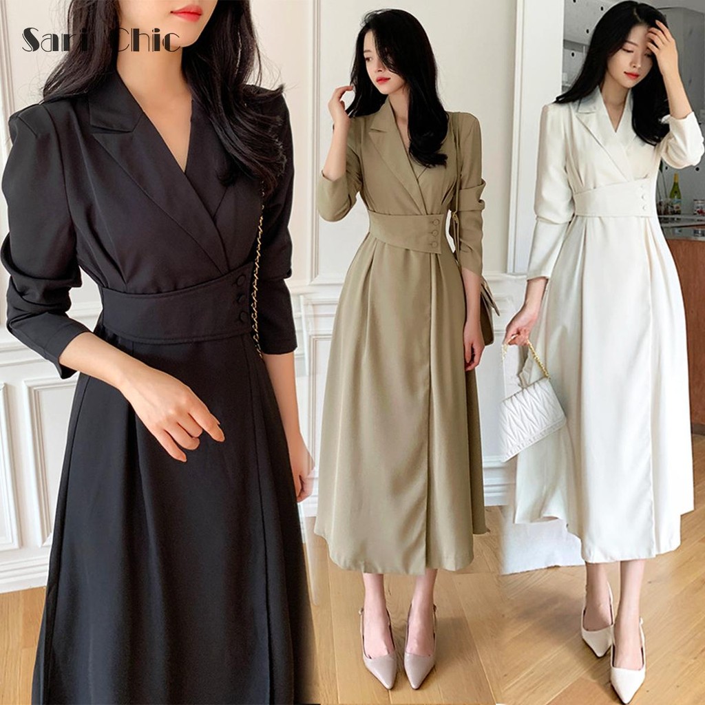 SARICHIC Korean Autumn Lapel Waist Slim Suit Dress Puff Sleeve Maxi Dress -99166 Casual