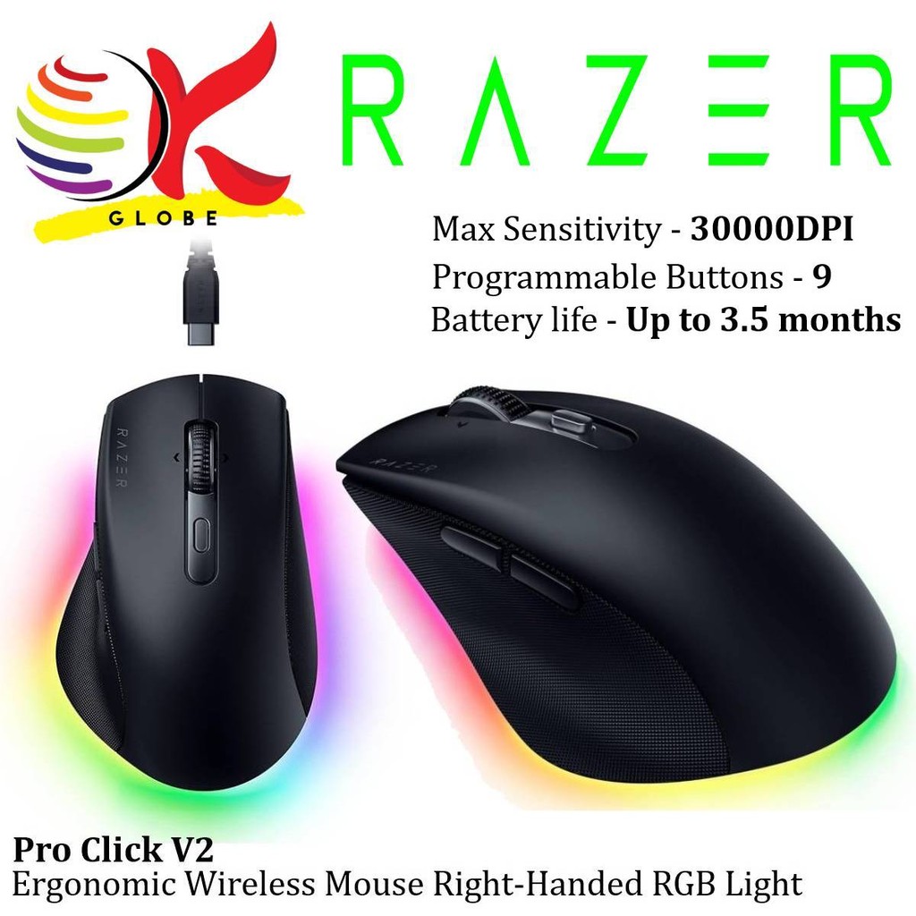 RAZER PRO CLICK V2 ERGONOMIC RIGHT HANDED WIRELESS MOUSE 9 PROGRAMMABLE BUTTONS / AI  PROMPT MASTER / USB-C WIRED