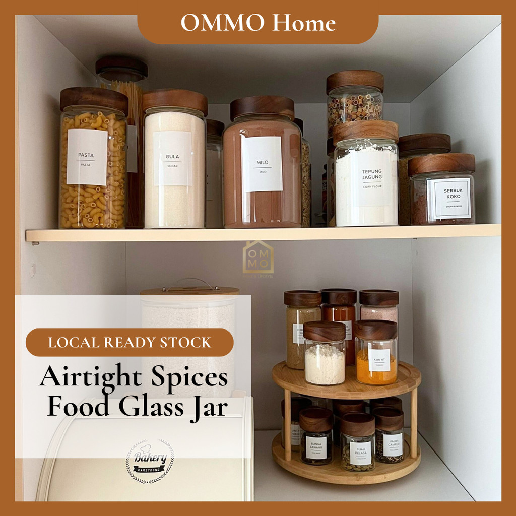 OMMO Acacia Screw Lid Wood Glass Jar Airtight Food Container Spices Bottle Canister Pantry Storage