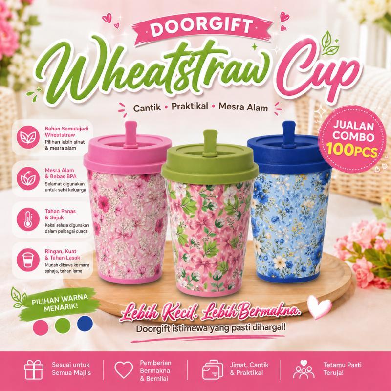 TBF Wheatstraw Cup Doorgift Set【100PCS】| Eco-Friendly Reusable Tumbler with Gift Box | Mix Colour Souvenir Cup