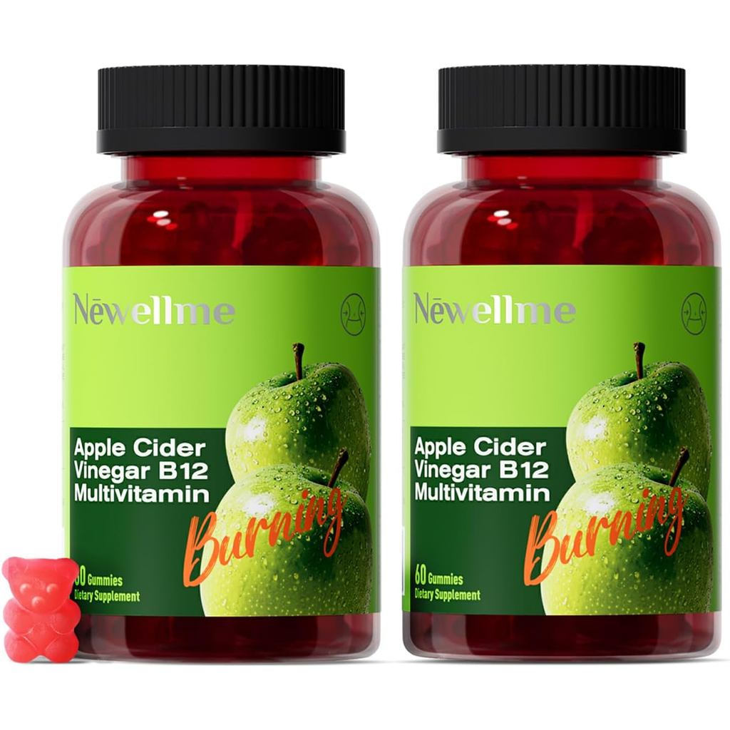 Newellme Sugar-Free Apple Cider Vinegar (acv) Gummies with The Mother & B12, Vegan Orga…