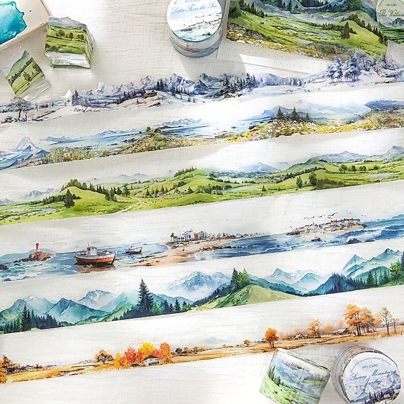 Mr. Paper 200cm/roll PET tape Mountains rivers oceans Snow mountain grassland scenery theme tape Creative hand tent goo card collage material DIY greeting card Cup gift decoration