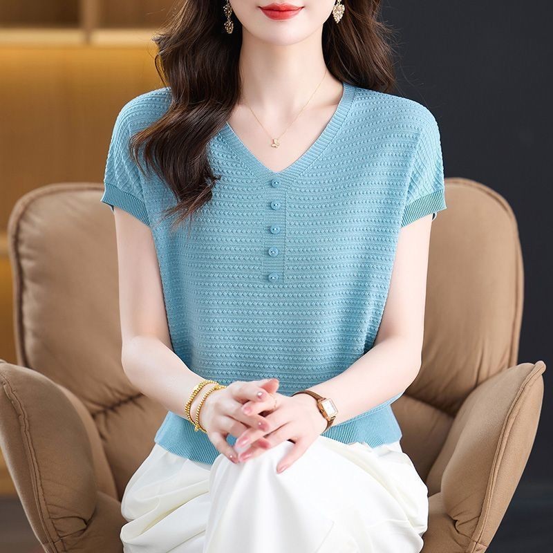 Yidbest Women's Summer V-neck Solid Color Knitted T-shirt