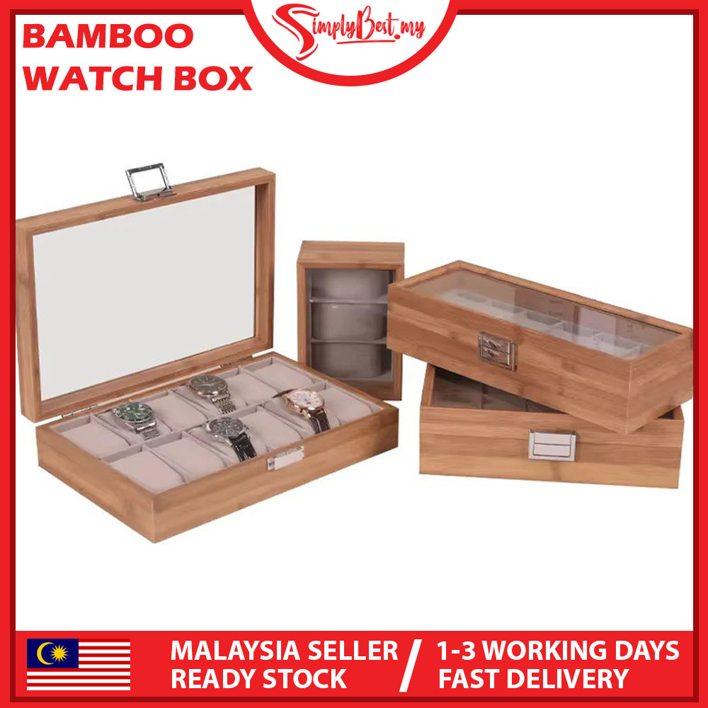 SIMPLYBEST Bamboo Watch Box Organizer Wooden Display Case with Glass Lid & Soft Cushions for Watches Holder Storage