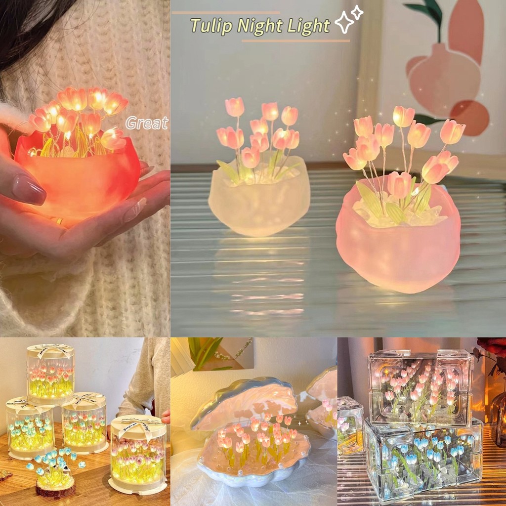 Cute Tulip Night Light Creative Flower Bedside Light Desktop Ornament Lamp Mother's Day Gift