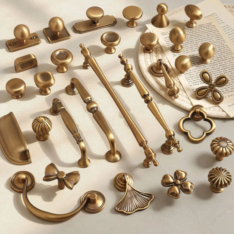 New Yellow Brass Brushed Cabinet Door Handle Vintage French-style Furniture Hardware Wardrobe Drawer Handle Knob Solid