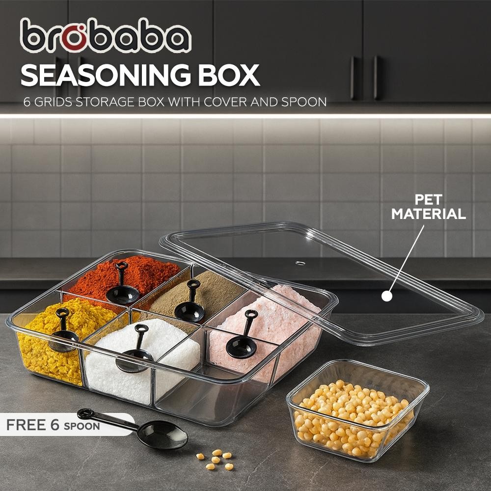 BROBABA Bekas Simpanan Perasa 6 Ruang Dengan Penutup Bekas 6 Grids Seasoning Storage Box Transparent Container