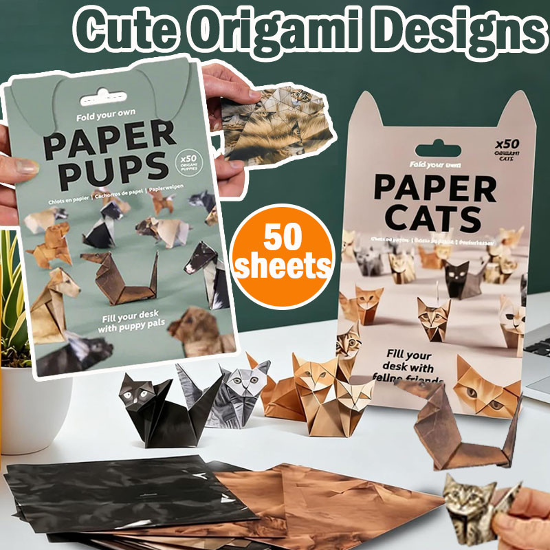 Foldable 3D Paper Cat Origami Set, 50 Sheets Pre-Cut DIY Craft Kit for Kids 6-12, Creative Fun Activity & Desk Decor Toy Gift