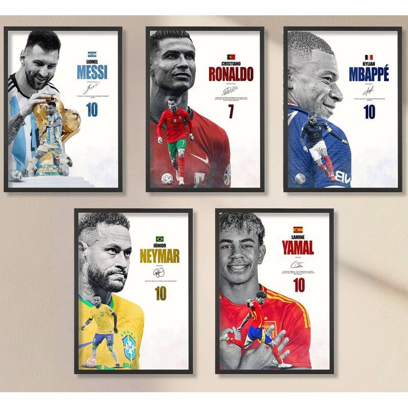 5Pcs World Cup Football Star Poster Set Messi Ronaldo Mbappe Neymar Lamine Yamal National Jersey Signed Portrait Canvas Wall