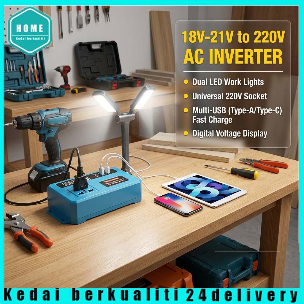 Portable Power Inverter 18V to 220V Converter - For 20V Battery with Dual USB & Type-C