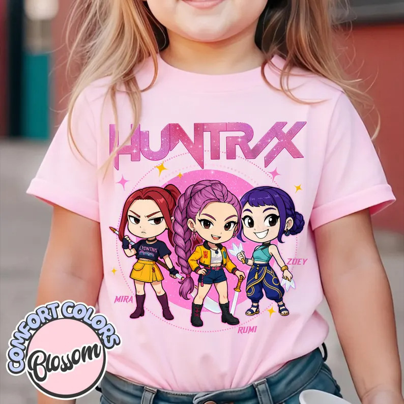 Summer New Girls' Short Sleeve Tops for Big Kids T T-shirt Baju Kpop Demon Hunters T-Shirt Kids Adult-Kpop Huntrix Mira, Rumi, Zoey Cotton Short Sleeve Men & Women Tee Cartoon anim