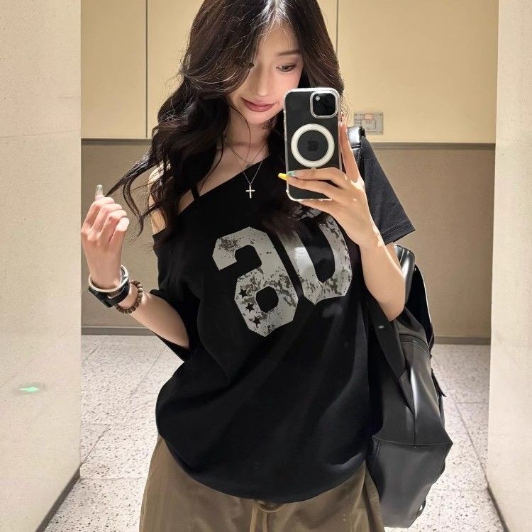 【WJZ】Korean Women Pure Cotton Black Strapless Loose Casual Short-Sleeved T-Shirt【PDD40】