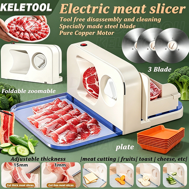 Foldable Electric Meat Slicer Mesin Pemotong Daging Elektrik Lipat 1-15MM Adjustable Semi-Automatic Frozen Beef Lamb Roll Cutter Vegetable Bread Slicer For Home BBQ Warung Catering