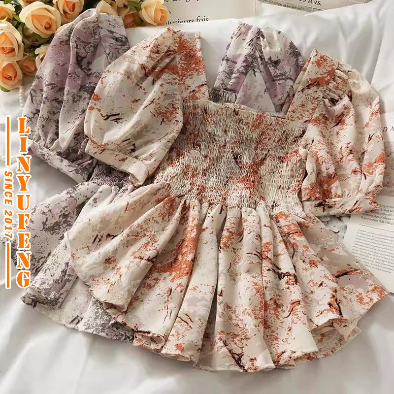 ?Linyufeng? Floral Blouse Women Chiffon Square Neck Ruffled Waist Vintage Korean Style Tie Dye Puff Short Sleeve Loose Classy Elegant Fitted Ironless Ladies Shirt Peplum Top Baju ootd Kemeja Lengan Pe