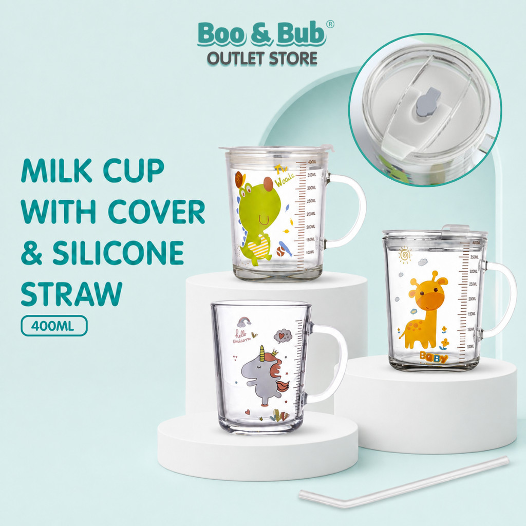 Boo&BubOS 400ml Cute Cartoon Glass Straw Cup Children's MilkCup Training Glass Mug Baby Dinosaur Unicorn Heat-Resistant