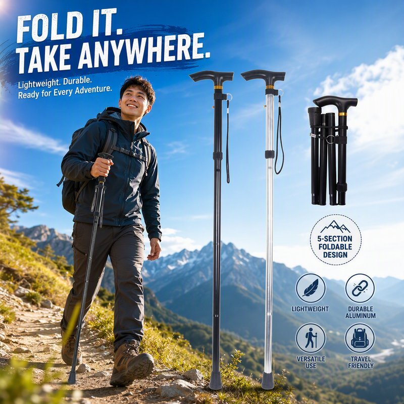 Portable Trekking Pole Folding Aluminum Alloy Non Slip Walking Stick Hiking Staff Tongkat Warga Emas