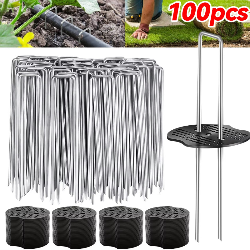 100pcs U-type Garden Staples with Pads Fence Tubing Stakes Galvanized Landscape Spike for Holding Lawns Barrier Ground