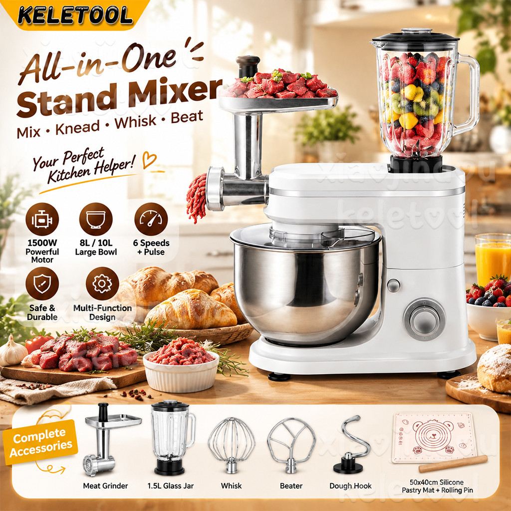 10L Stand Mixer 6 Speed Juicer Dough Mixing Machine 3 Dalam 1 Mesin Pengadun Berdiri Stand Mixer Dough Hook Whisk Beater Meat Grinder Blender Kitchen Appliance Egg Beater