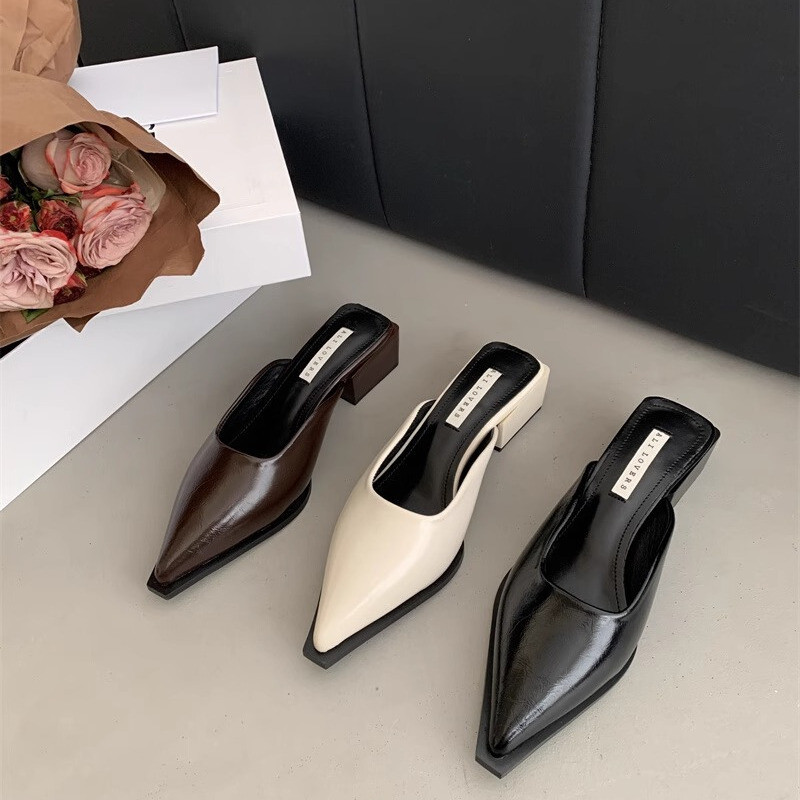 Women’s Patent Leather Mules - Closed-Toe Chunky Heel Mid-Heel Sandals for Summer Outdoor Wear