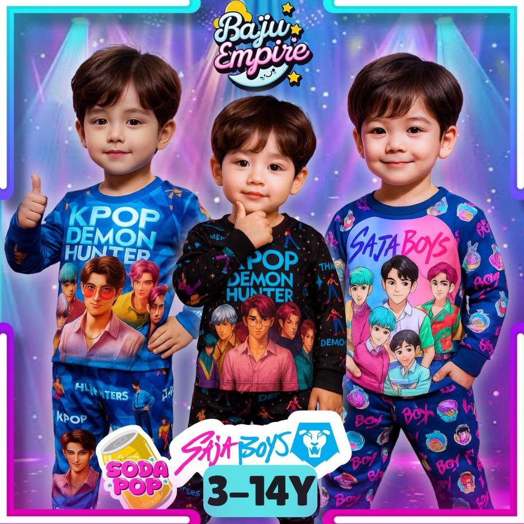 Kpop Demon Hunters Saja Boys Soda Pop Cartoon Pyjamas Baju Tidur Cotton Budak Lelaki Sleepwear Set Baju Tidur Anak