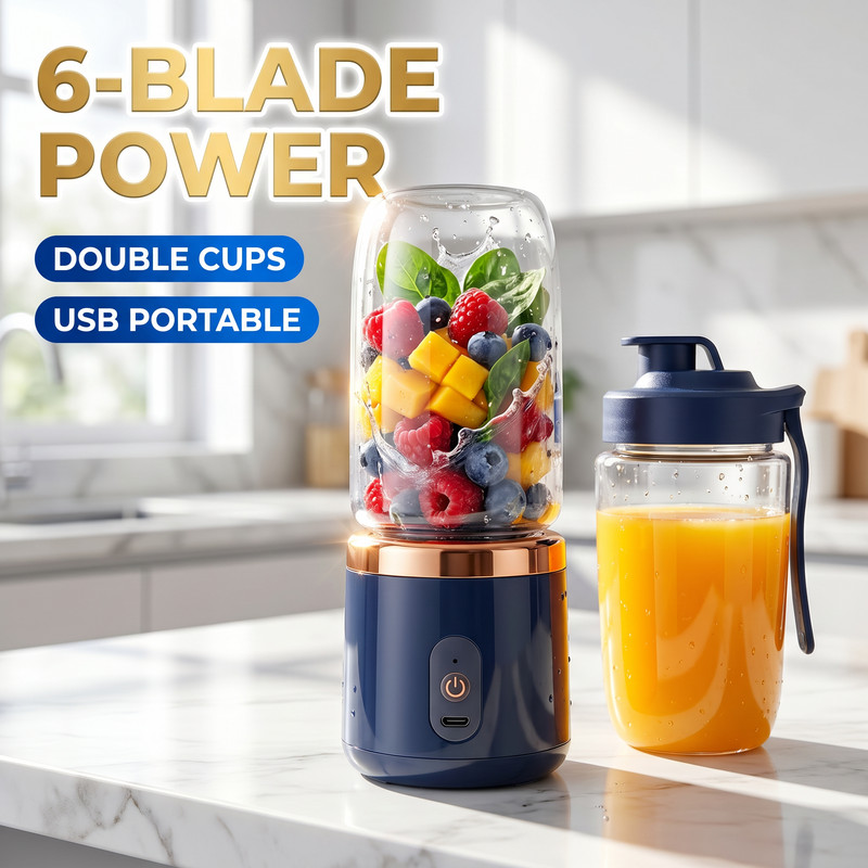 Blender Mini 6 Blade Portable Juicer Rechargeable 400ml 2 Cups Biru Pengisar Buah USB Tanpa Wayar Mesin Jus