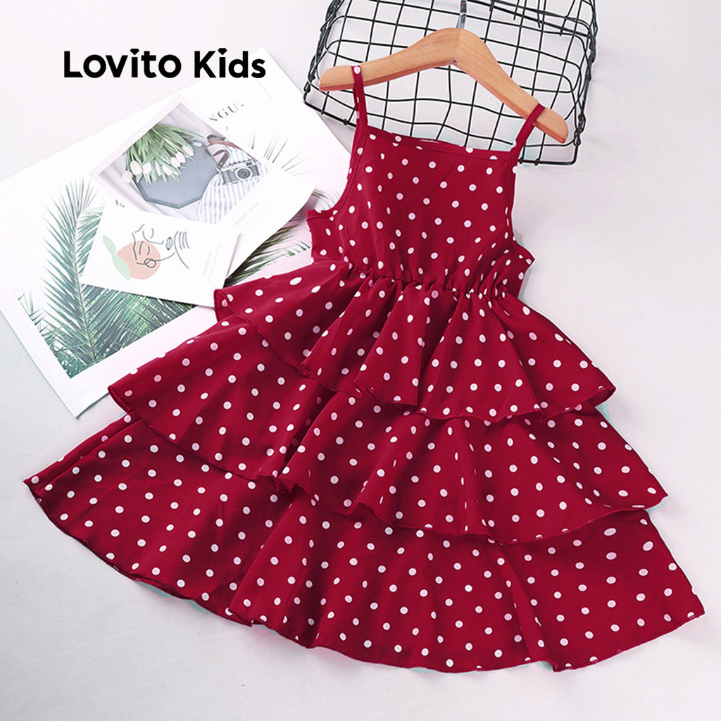 Lovito Kids Casual Christmas Dress Tiered Layer Spring/summer Red Dress for Girl LNL123158 Lovito Pakaian Kasual Krismas Kanak-kanak Lapisan Berperingkat Pakaian Merah Musim Bunga/musim Panas Untuk Ga
