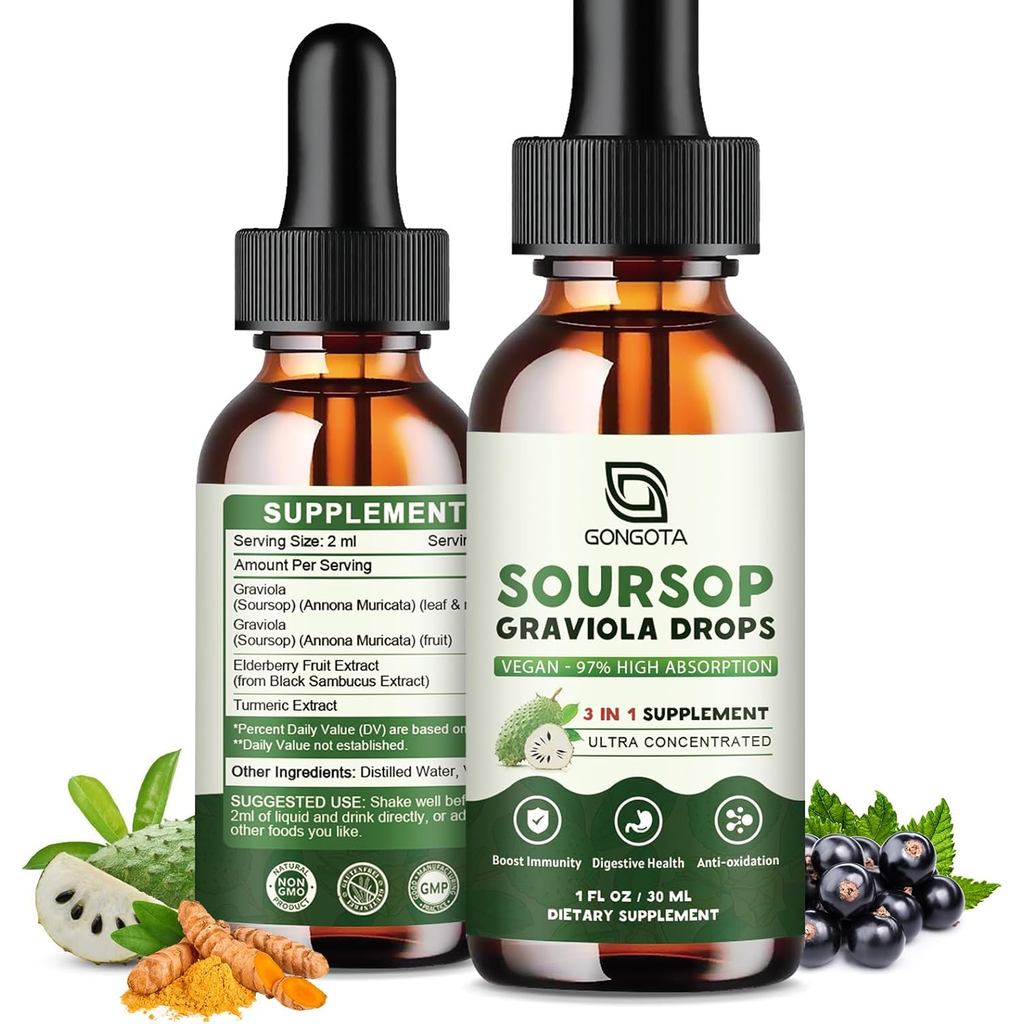 Soursop Graviola Leaf Extract Drops for Cellular Support, Antioxidant, Liver, Digestive…