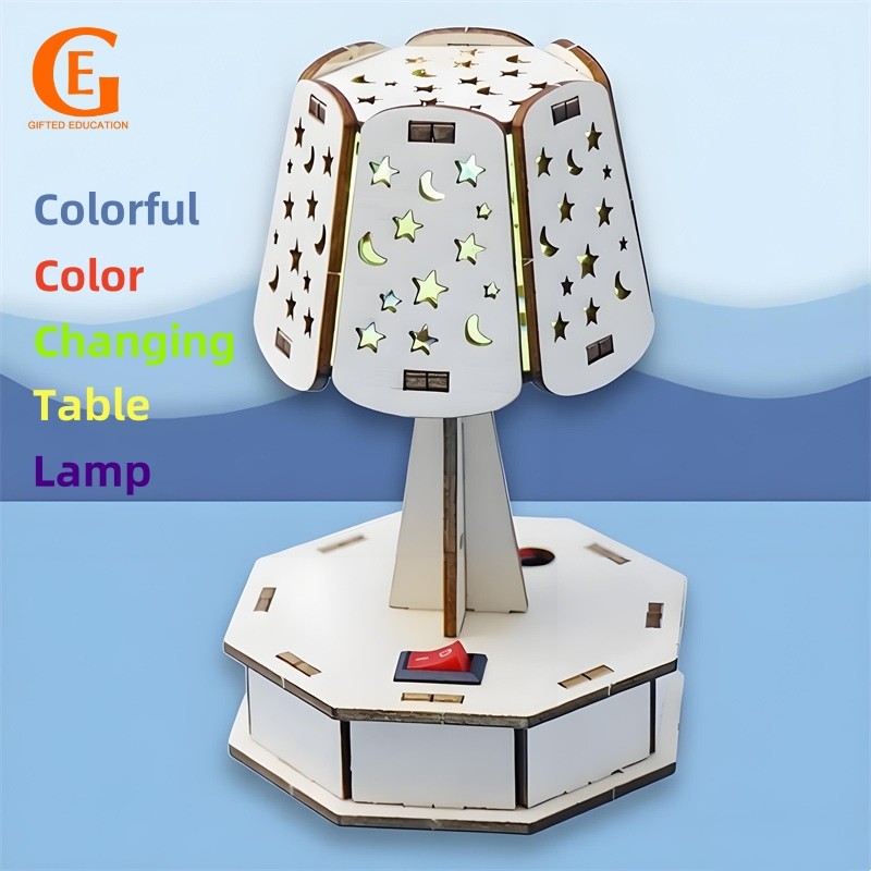 GIFTED EDUCATION DIY Wooden Star Moon Table Lamp STEM Science Experiment Kit Kids Handmade Assembly Color Changing Night Light Educational Craft Toy for School Project