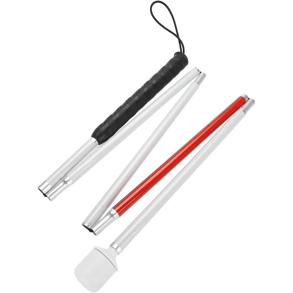 Tongkat Lipat untuk Orang Buta, Tongkat Putih 4-Lipat dari Aloi Aluminium dengan Pita Reflektif Merah, Tongkat Mobiliti dengan Pemegang Hitam Anti-Gelincir untuk Orang Kurang Penglihatan, 50.8in