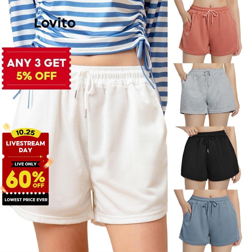 Lovito Casual Solid Drawstring Shorts For Woman L00242 White/Black/Grey/Pink/Blue