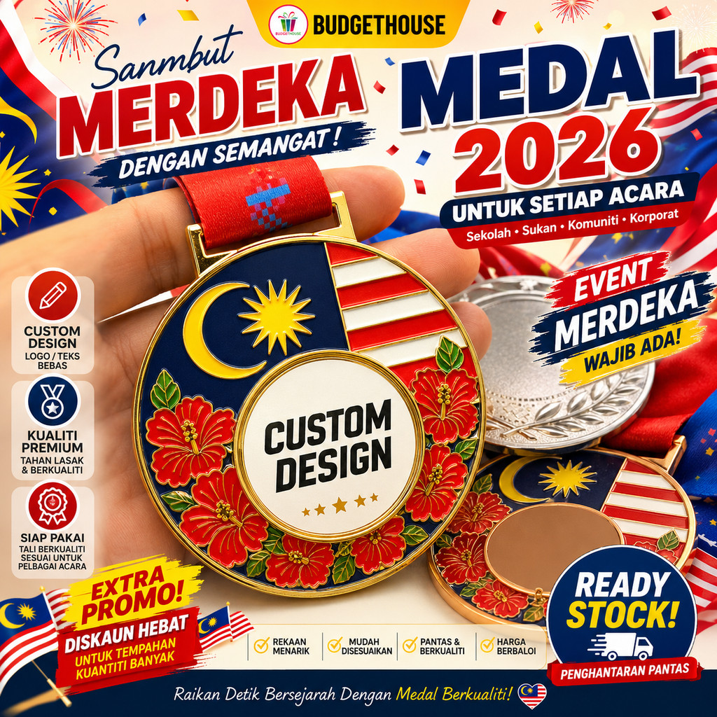 Pingat Merdeka 2026 Custom 65MM Tali Batik | Medal Sekolah, Sukan & Kokurikulum Gold Silver Bronze Ready Stock