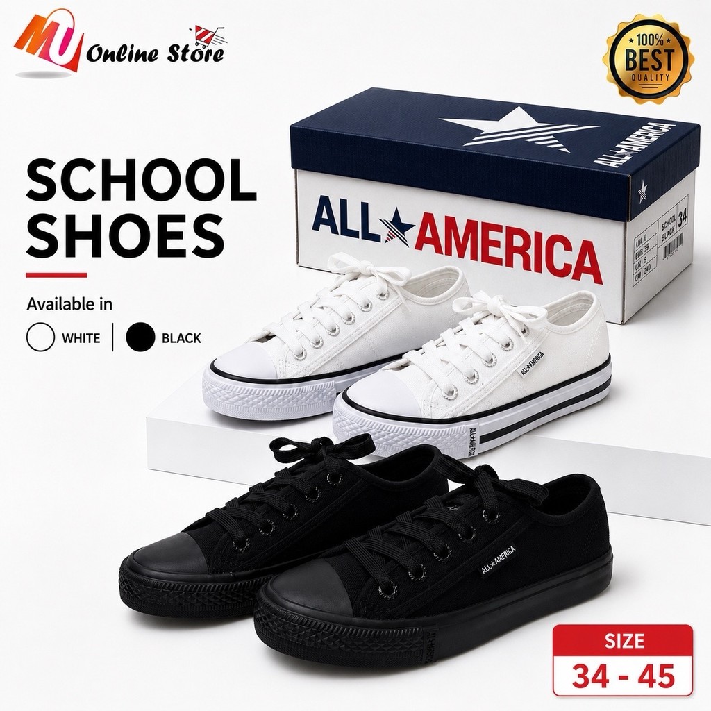 MU KASUT SEKOLAH BERTALI ALL AMERICA HITAM & PUTIH / LACE-UP DESIGN SCHOOL SHOES /KASUT SEKOLAH MENENGAH 3337AB & 2337WB