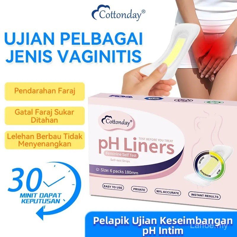 Cottonday pH Self Test Liners Tuala wanita ujian sendiri pH gatal keputihan Cottonday, tuala wanita untuk mengukur nilai pH alat sulit, saiz 18 cm, 6 helai, Penjagaan bahagian peribadi wanita, Feminine Pad Liner, mencegah jangkitan, melegakan gatal-gatal