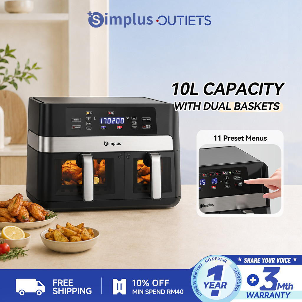 Simplus 13-in-1 Air Fryer | Dual Baskets | 10L Ultra Large Capacity | LCD Screen | 11 Preset Programs | Viewing Window | Less Fat KQZG020