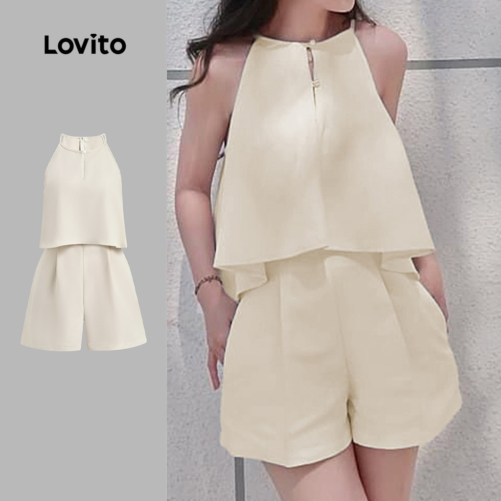 (Casual) Lovito Jumpsuit Double Layer Spring/summer Apricot Jumpsuit for Women L149ED423 (NEW) Lovito Jumpsuit Anggun Dua Lapisan Musim Bungu/ Pyar Musim Bungu untuk Wanita L149ED423
