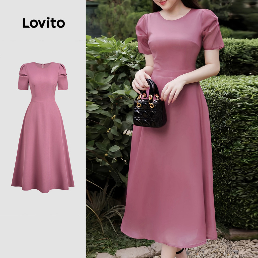 Lovito Casual Dress Pleated Spring/summer Gray Pink Dress for Women L158ED469 Lovito Gaun Wanita Kasual Berlipat Musim Bspring/panas Kelabu dan Merah Jambu L158ED469