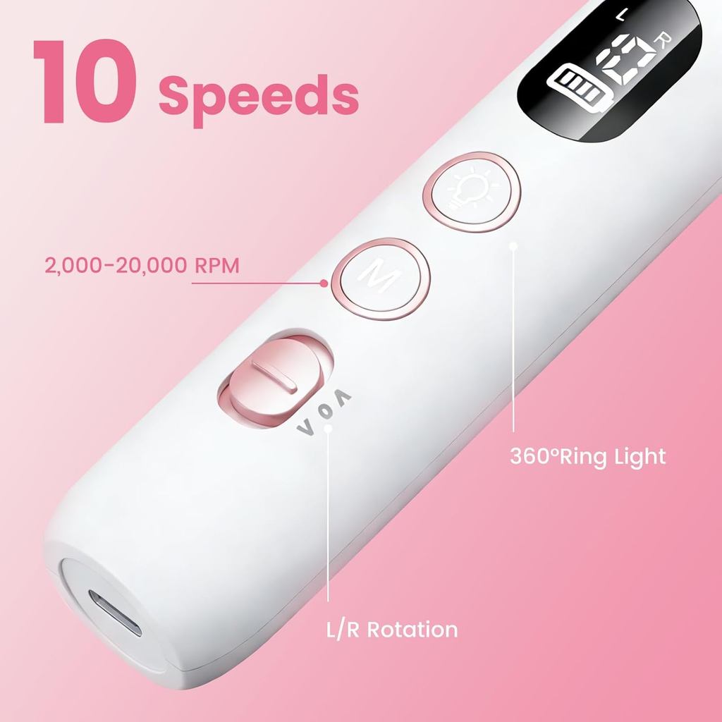 Penggerudi Kuku Elektrik, 20,000 RPM Kit Pengikir Kuku Tanpa Kabel, Putih | 10 kelajuan, putaran berganda, lampu LED, penutup habuk, bateri 2000mAh, masa operasi 8 jam, motor berisik rendah, penjagaan kuku kaki tebal