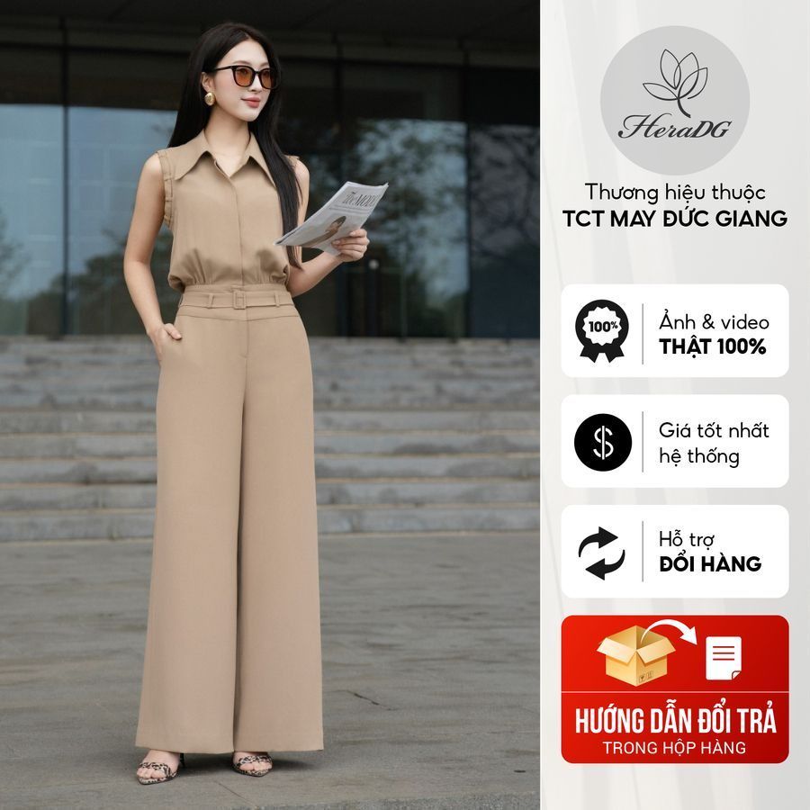 HeraDG long Jumpsuit with loose belt designed with German collar Sleeveless With decorative straps, long straight pants to flatter your figure SJSBE1005
