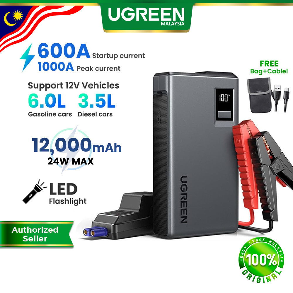 UGREEN Car Battery Jump Starter Powerbank 1000A 600A 12000mAh 24W USB C Emergency Power Supply LED Flashlight Diesel SUV