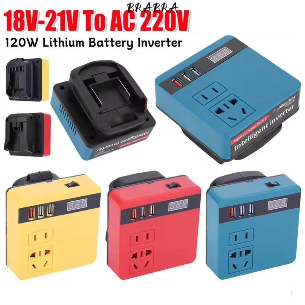 BRABRA 1Pcs Smart Transformer, 120W Multifunctional Battery Inverter, 18V 20V To 220V Household Dual Plug Outdoor Work Inverter For Makita For Dewalt For Milwaukee 18V Battery