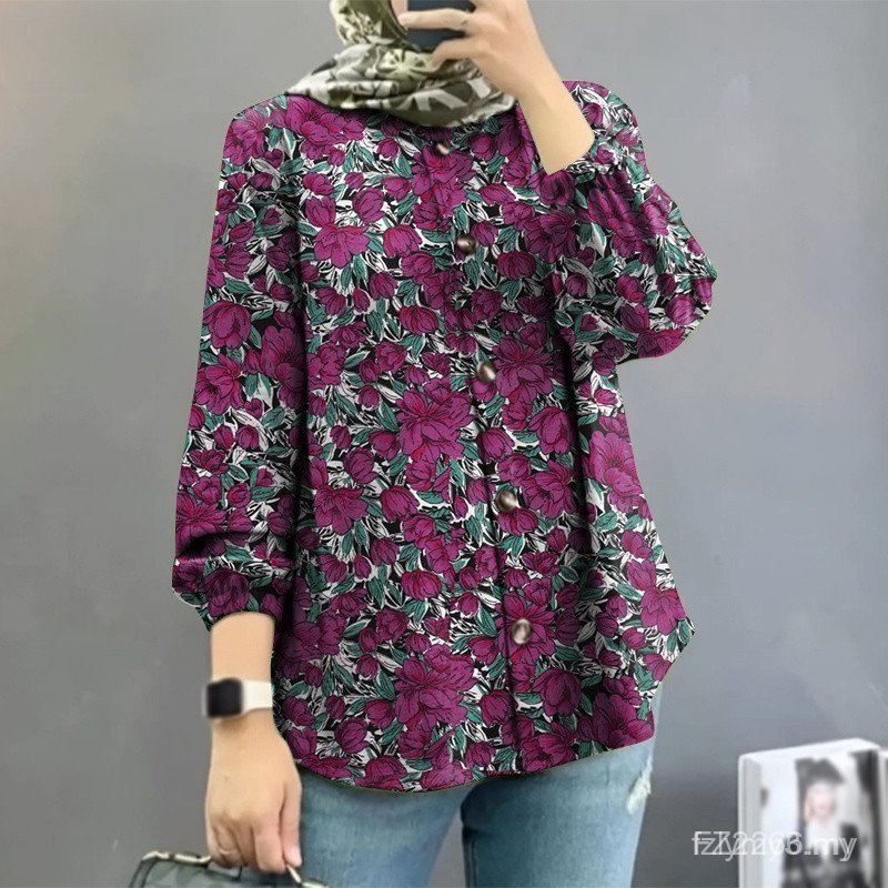 ZANZEA Muslim Women's Long-Sleeved Puff Sleeve Round Neck Floral Pattern Shirt Loose Slimmer Look Top Daily Commuter Mid-Length Cover Flesh Large