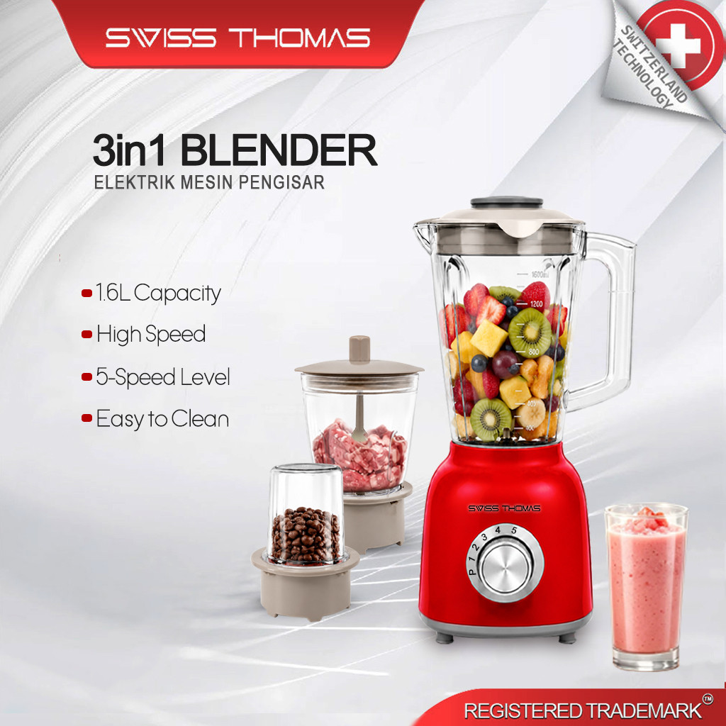 Swiss Thomas 3In1 Fruit Juicer Blender Food Processor BlenderHeavy Duty 1.6L MultiFunctional High Power Fast IceBreaking