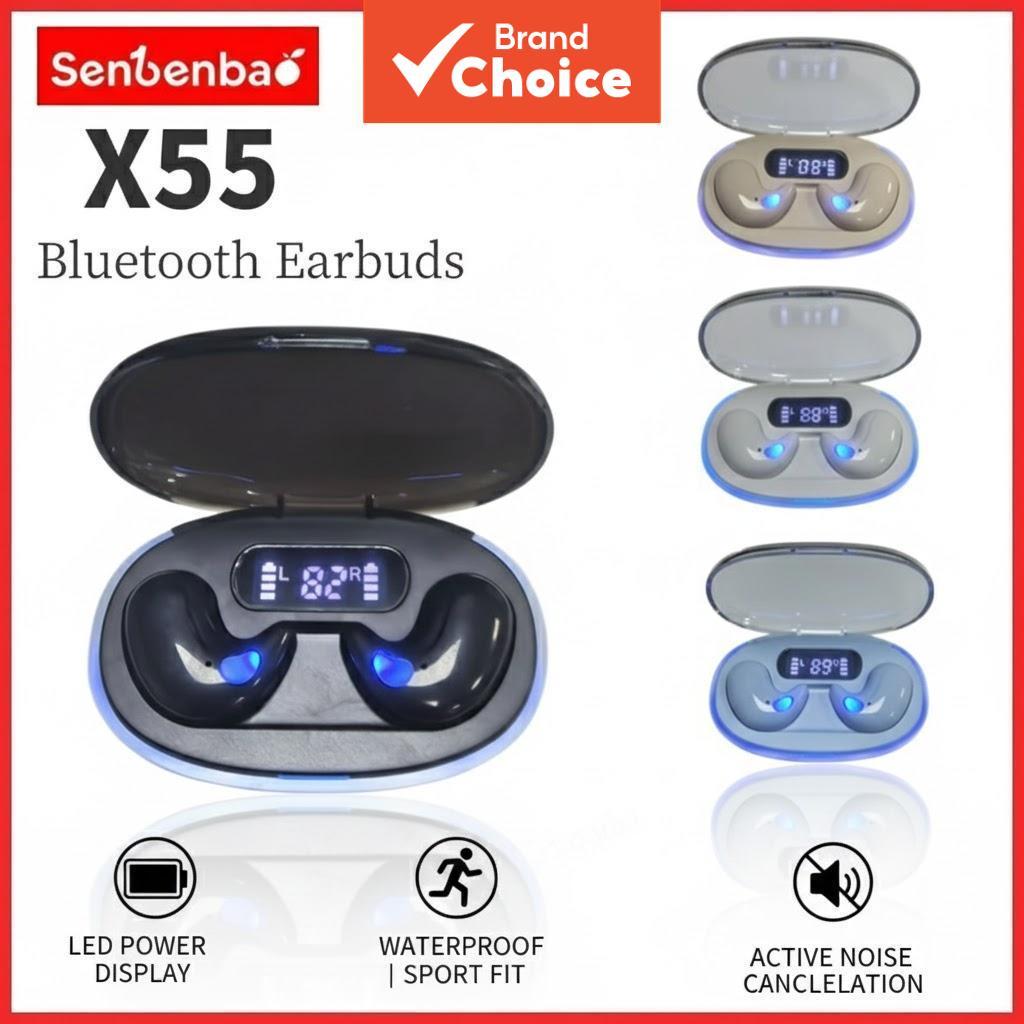Senbenbao X55 Headphones TWS Sleep Wireless Bluetooth Earphones Led Display Hifi Stereo Noise Cancellation Earbuds Waterproof Sport Headset