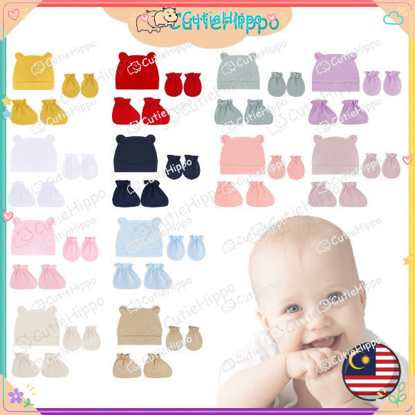 (Cute Ear) Newborn Baby Hat Baby Mittens Booties Set Baby Anti Scratching Gloves Infant Beanie Cap Bayi Sarung Tangan